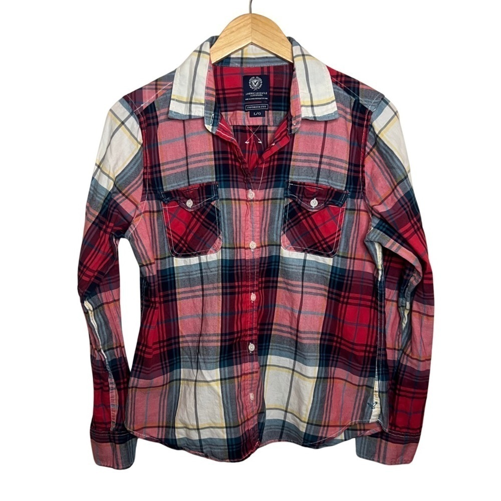American Eagle Outfitters Favorite Fit Red Plaid Flannel Button Down Size Large